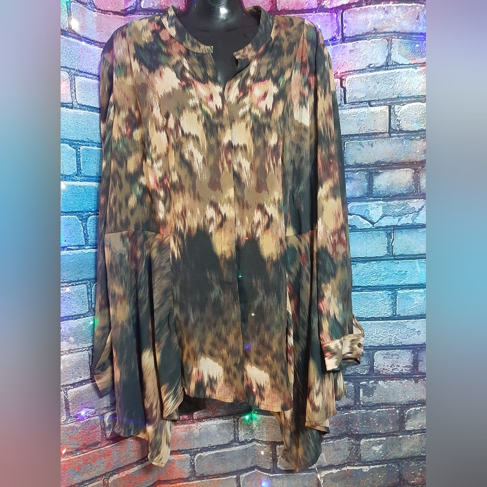NWT Investments II Multicolor Sheer Button Up Flowy Blouse 2X